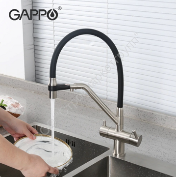 Смеситель для кухни с гибким изливом и подключением фильтра питьевой воды Gappo G4398-85 сатин