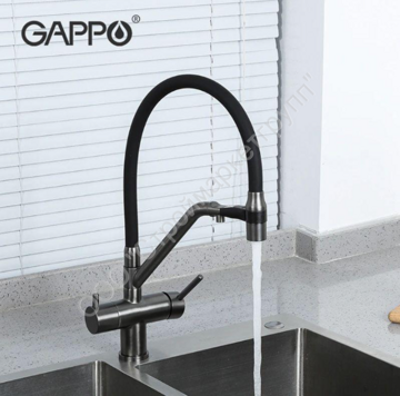 Смеситель для кухни с гибким изливом и подключением фильтра питьевой воды Gappo G4398-89 оружейная сталь